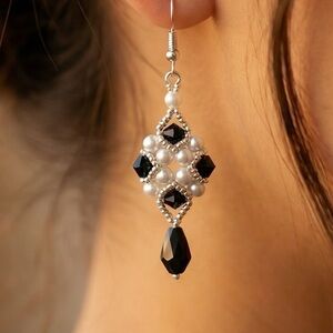 Elegant Black and and lt purple Silver Beaded Earrings